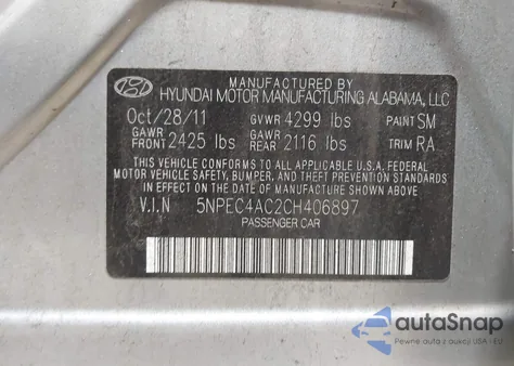 2012 Hyundai Sonata Se из США, поврежденный, VIN 5NPEC4AC2CH406897